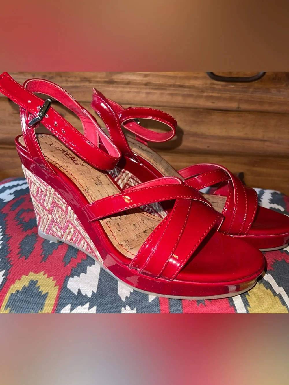 Xappeal Red Patent Wedge Sandals with Braided Espadrille Heel